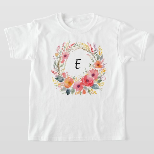 Pretty Floral Wreath Elegant Flowers Monogrammed T-Shirt (Laydown)