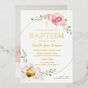 Pretty Floral Wreath Gold Cross Baptism Photo Foil Invitation