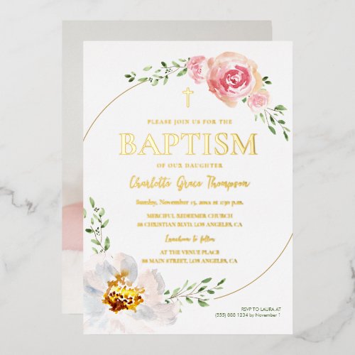 Pretty Floral Wreath Gold Cross Baptism Photo Foil Invitation