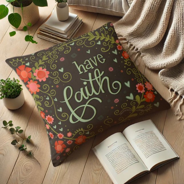 Pretty Floral Wreath Have Faith Religious Throw Pillow (Creator Uploaded)