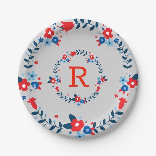 Pretty Floral Wreath July 4th BBQ Initial Paper Plates