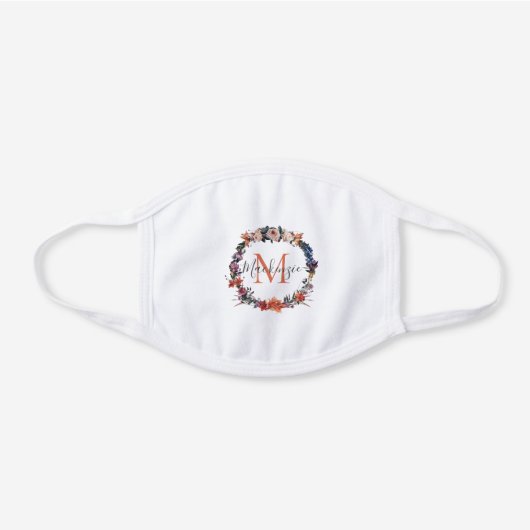 Pretty Floral Wreath Monogram Name White Cotton Face Mask (Front)