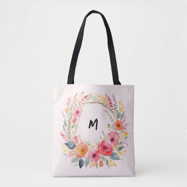 Pretty Floral Wreath Monogrammed Elegant Tote Bag (Front)