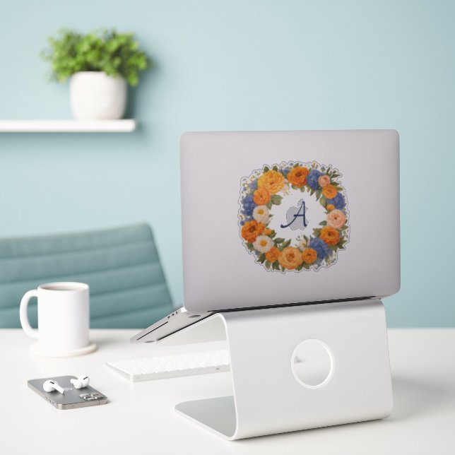 Pretty Floral Wreath Monogrammed Initial Cut-Out Sticker (Laptop On Desk)