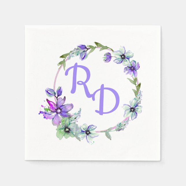 Pretty Floral Wreath Monogrammed Wedding  Napkins (Front)