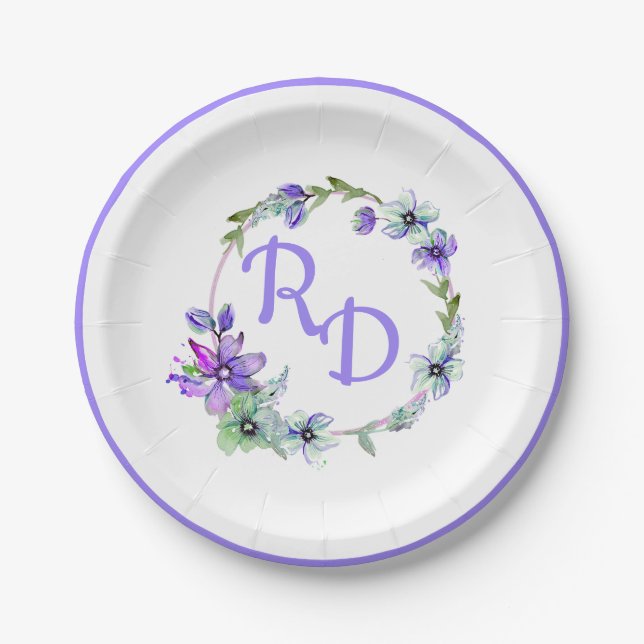 Pretty Floral Wreath Monogrammed Wedding  Paper Plates (Front)
