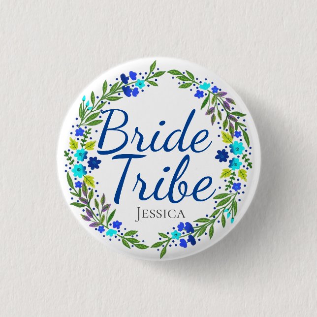 Pretty Floral Wreath Personalised Bride Tribe Button (Front)