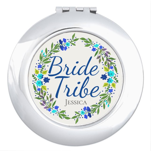 Pretty Floral Wreath Personalised Bride Tribe Compact Mirror (Front)