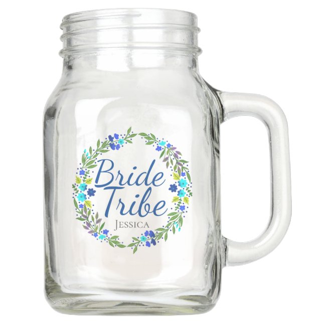 Pretty Floral Wreath Personalised Bride Tribe Mason Jar (Front)