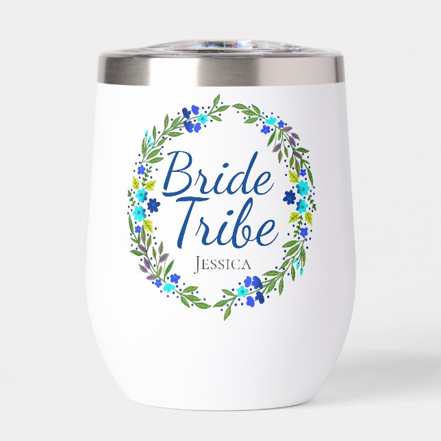 Pretty Floral Wreath Personalised Bride Tribe Thermal Wine Tumbler (Front)