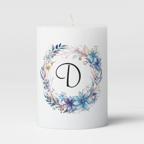 Pretty Floral Wreath Personalized Monogram D Pillar Candle