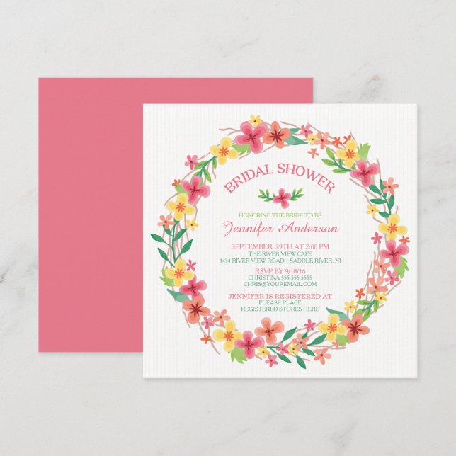Pretty Floral Wreath Spring Bridal Shower Invitation (Front/Back)