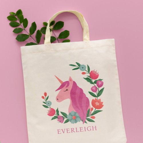 Pretty Floral Wreath Unicorn Name Tote Bag