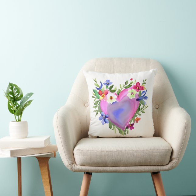 Pretty Floral Wreath Watercolor Art Throw Pillow (Chair)