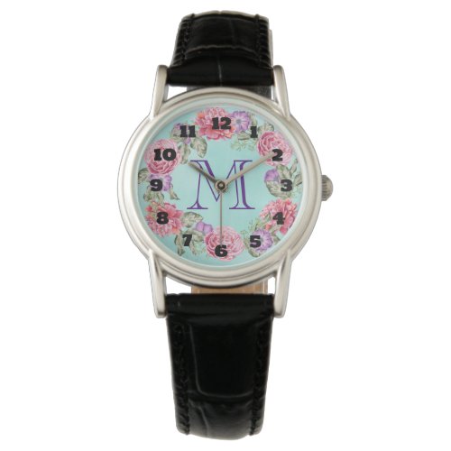 Pretty Floral Wreath Watercolor Flowers Monogram Watch