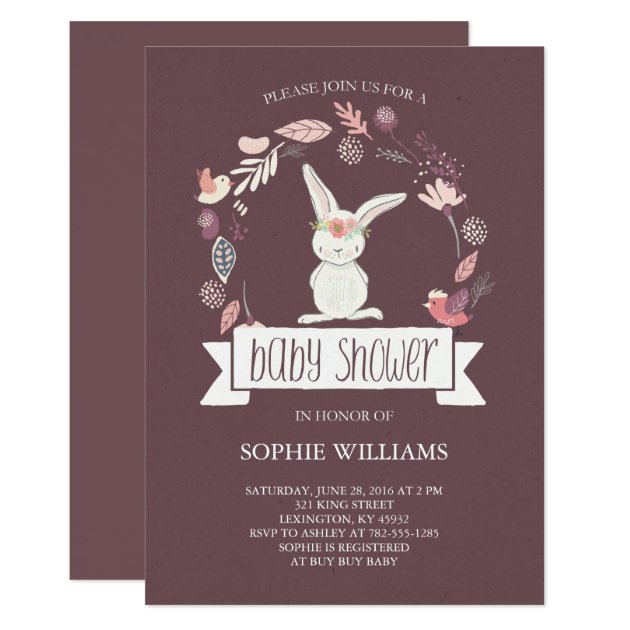 Pretty Floral Wreath With White Bunny Baby Shower Invitation