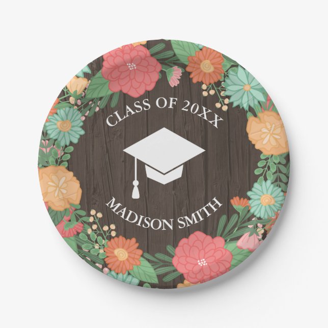 Pretty Floral Wreath & Wood Grain Graduation Paper Plates (Front)