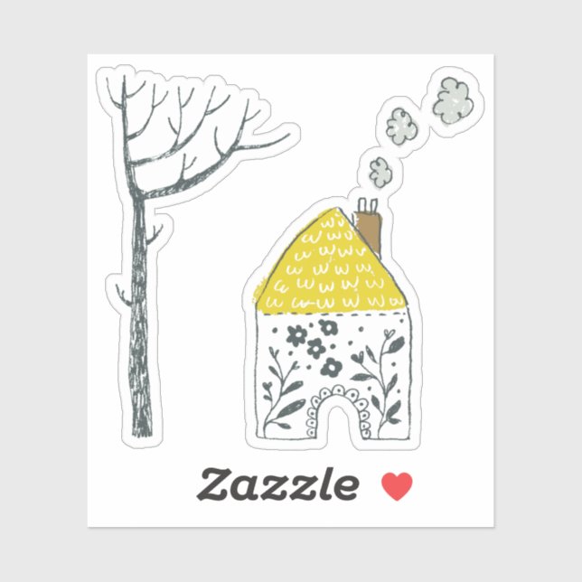 Pretty floral yellow house bare tree sticker (Sheet)