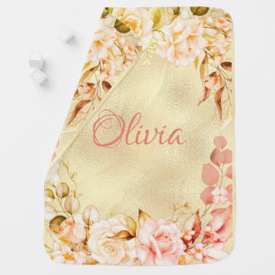 Pretty Floral Yellow Metallic Name Baby Girl Blanket