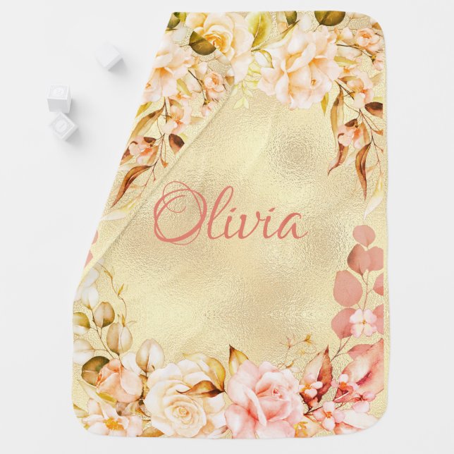 Pretty Floral Yellow Metallic Name Baby Girl  Blanket (In Situ)