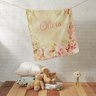 Pretty Floral Yellow Metallic Name Baby Girl  Blanket