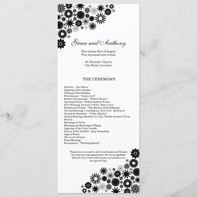 Pretty Florals Black Wedding Program (Back)