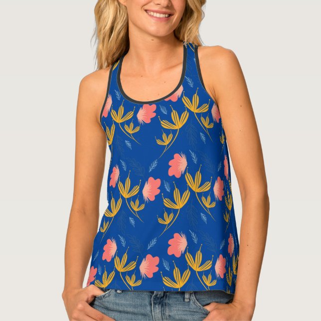 Pretty Florals Blue Pink Hand Drawn Pattern Tank T (Front)