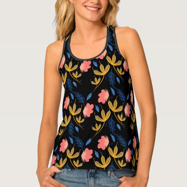 Pretty Florals Blue Pink Hand Drawn Pattern Tank Top (Front)