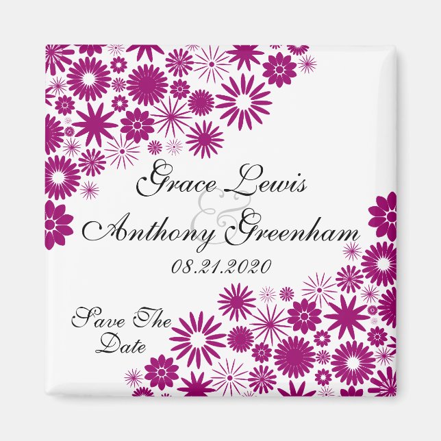 Pretty Florals Dark Fuchsia Save The Date Magnet (Front)