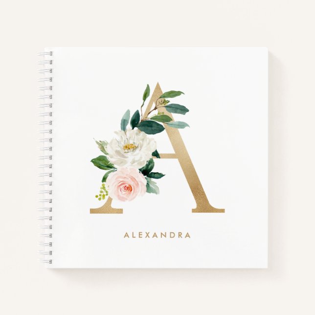Pretty Florals Faux Gold Foil Letter A Monogram Notebook (Front)