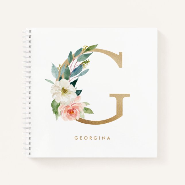 Pretty Florals Faux Gold Foil Letter G Monogram Notebook (Front)