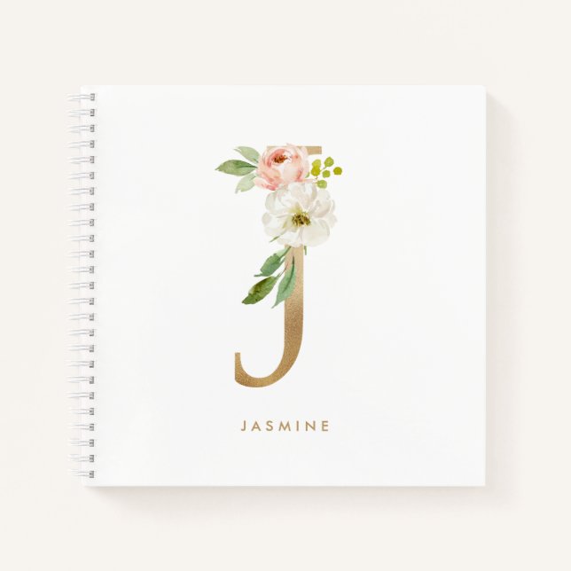 Pretty Florals Faux Gold Foil Letter J Monogram Notebook (Front)
