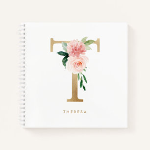 Pretty Florals Faux Gold Foil Letter T Monogram Notebook