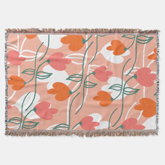 Pretty Florals Hand Drawn Botanical Pattern Orange Throw Blanket (Front)