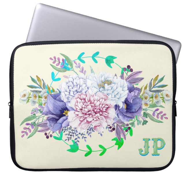 Pretty Floral's Initialed Pastel Laptop Sleeve (Front)