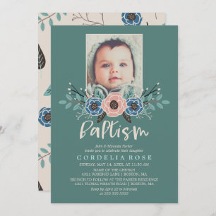 Pretty Florals Pink & Green Baptism Photo Invitation