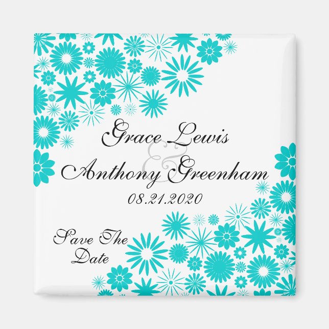 Pretty Florals Turquoise Save The Date Magnet (Front)
