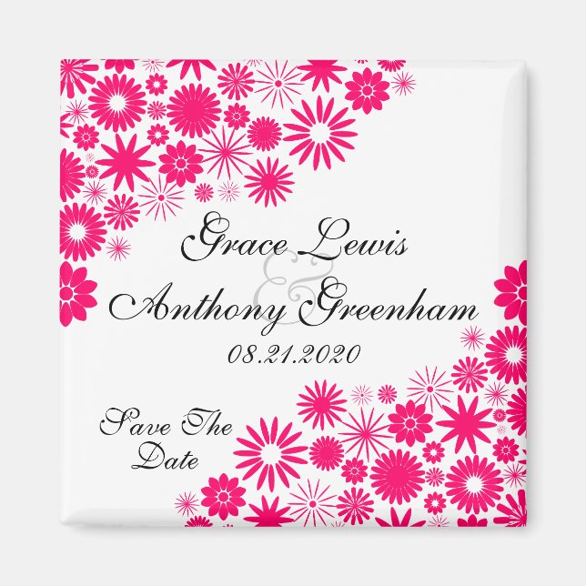Pretty Florals Vibrant Pink Save The Date Magnet (Front)