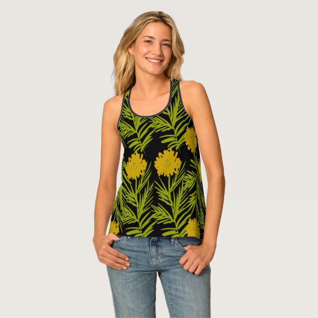 Pretty Florals Yellow Greenery Hand Drawn Pattern Tank Top (Front Full)