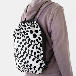 Pretty Flourished Black and White Print Drawstring Bag