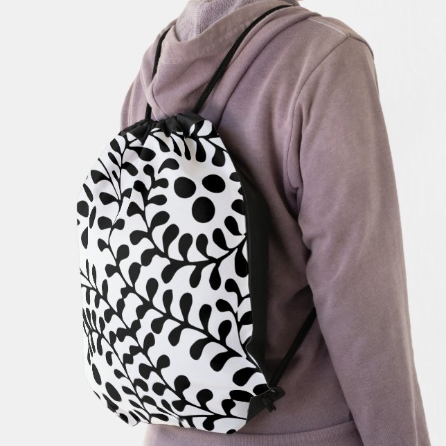 Pretty Flourished Black and White Print Drawstring Bag (Insitu)