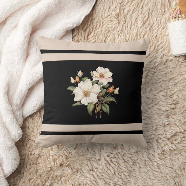 Pretty flower beige and black Victorian Throw Pillow (Blanket)