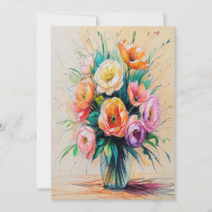 Pretty Flower Bouquet Art Color Pencils Drawing Holiday Card