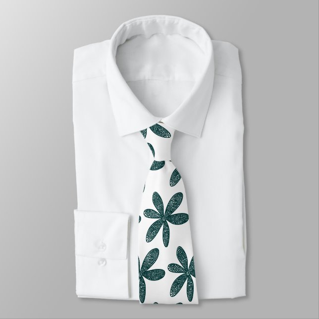 Pretty Flower - Dark Green on White Neck Tie (Tied)