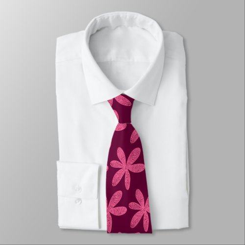 Pretty Flower _ Deep Pink on Crimson Neck Tie