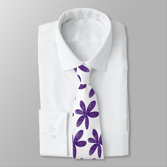 Pretty Flower - Deep Purple on White Neck Tie (Tied)