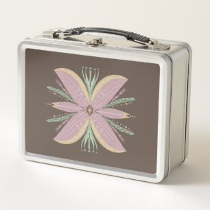 Pretty Flower Doodle Pink and Brown Illustration Metal Lunch Box