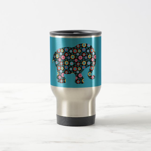 Pretty Flower Elephant on Blue Travel Mug (Center)