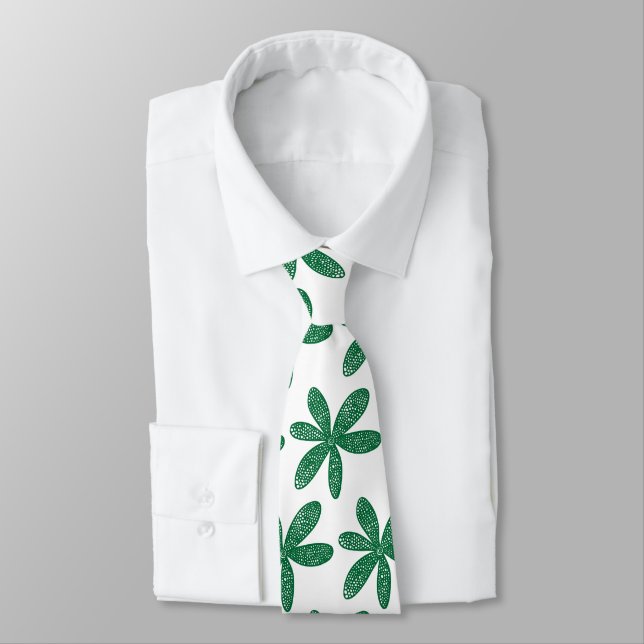Pretty Flower - Forest Green on White Neck Tie (Tied)