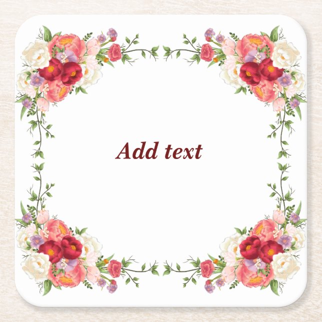 Pretty Flower Frame Template, Customizable, Square Paper Coaster (Front)